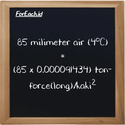 Cara konversi milimeter air (4<sup>o</sup>C) ke ton-force(long)/kaki<sup>2</sup> (mmH2O ke LT f/ft<sup>2</sup>): 85 milimeter air (4<sup>o</sup>C) (mmH2O) setara dengan 85 dikalikan dengan 0.000091434 ton-force(long)/kaki<sup>2</sup> (LT f/ft<sup>2</sup>)